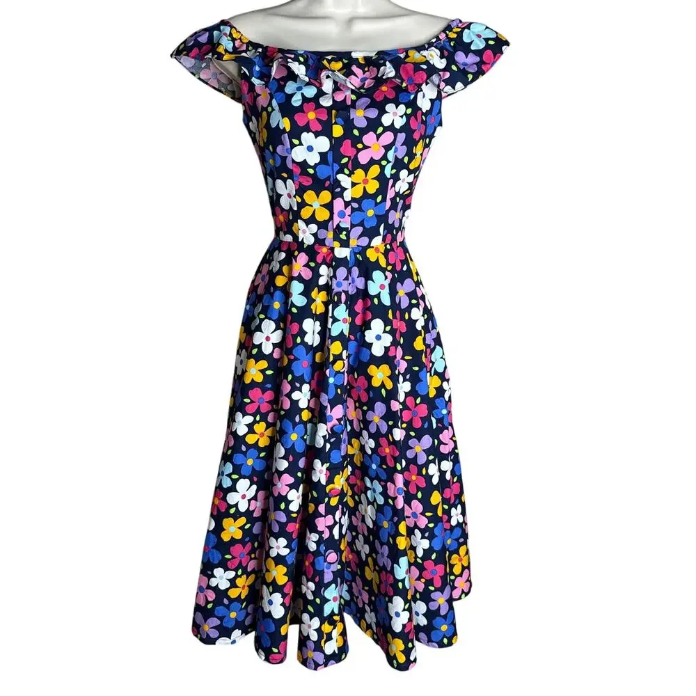 Magnolia Place Unique Vintage Cotton Navy Floral Sun Dress XS NWOT